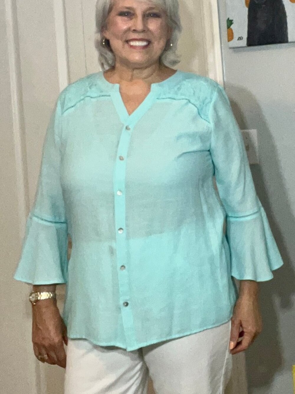 Coral Bay Aqua Button-Down Blouse with Lace Detail & Bell Sleeves – Size L